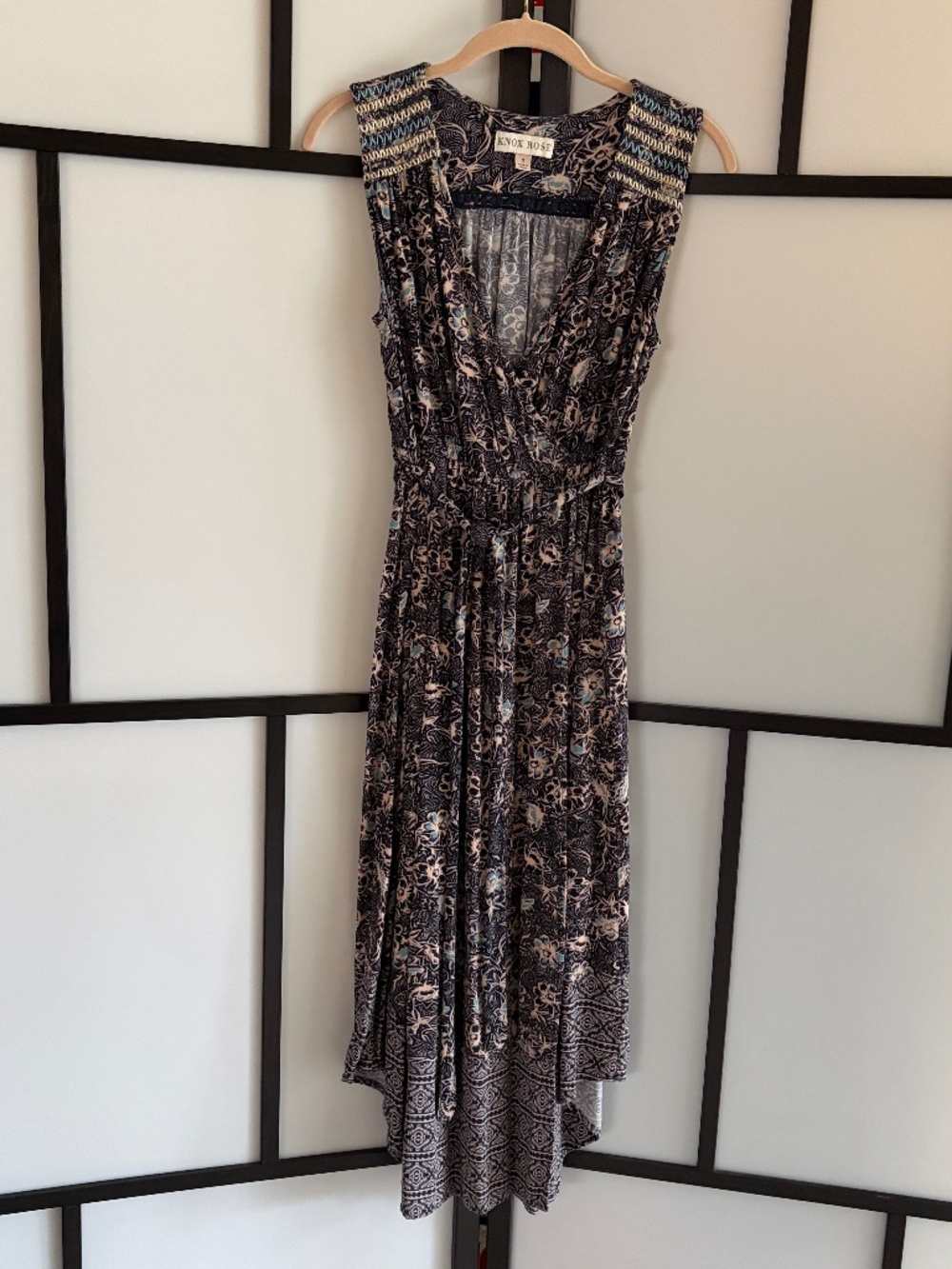 Knox Rose Blue Print V-Neck Midi Dress Asymmetrical Hem